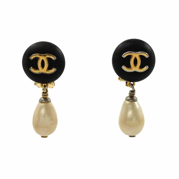 CHANEL Gold Pearl Logo Earrings - Picture 1 of 6